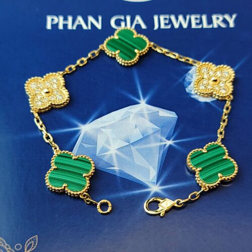 Lắc Tay VCA Alhambra 18K Yellow Gold 5 Motifs 15mm, Malachite Mix Kim Cương