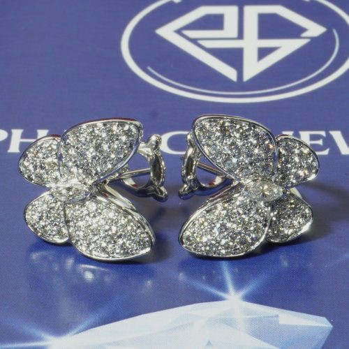 Khuyên Tai VCA Two Butterfly 18K White Gold, Full Kim Cương