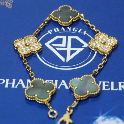 Lắc Tay VCA Alhambra 18K Yellow Gold, Black Mother of Pearl Mix Kim Cương